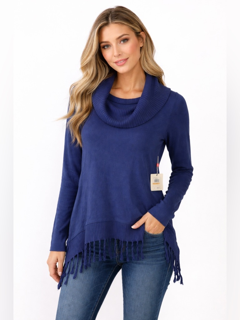 Rafaella NWT Blue Cowl Neck Fringe Hem Top Size‎ Small